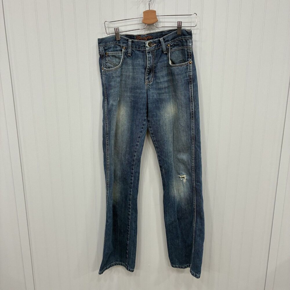 Wrangler Men's W30 x L34 Blue Distressed Medium Medium Wash Bootcut Denim Jeans
